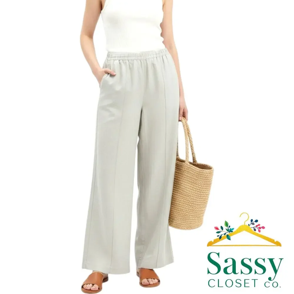 H&M Linen Blend Wide Leg Pants L Tan Smocked High Waist Pintuck Pleat